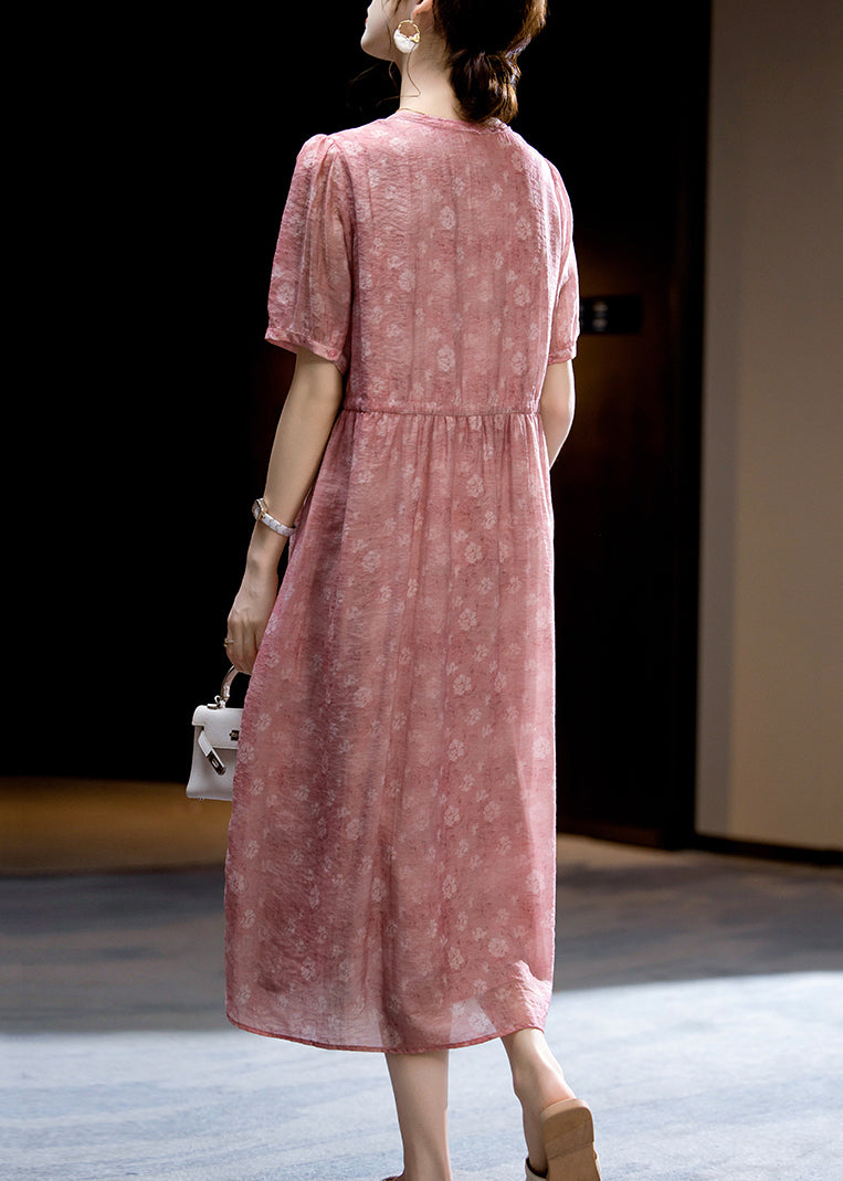 Loose Dark Pink O-neck Print Wrinkled Silk Long Dress Short Sleeve Ww047