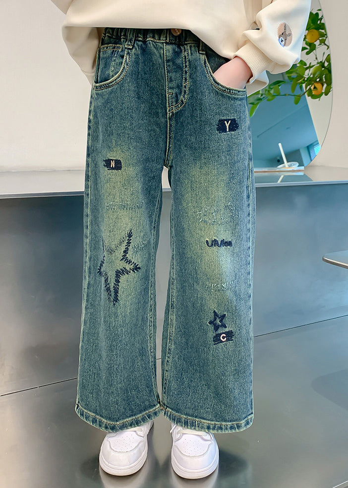 Loose Denim Blue Embroideried Elastic Waist Wide Leg Pants Tv016
