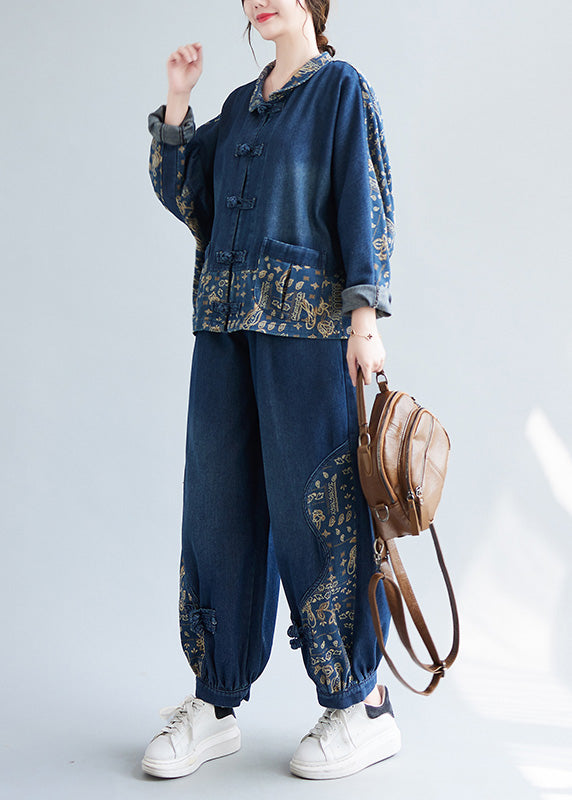Loose Denim Blue Peter Pan Collar Print Coats and Lantern Pants Two Pieces Set Spring Ly0659