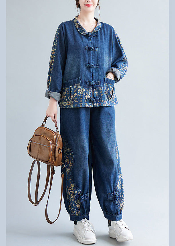 Loose Denim Blue Peter Pan Collar Print Coats and Lantern Pants Two Pieces Set Ac2083