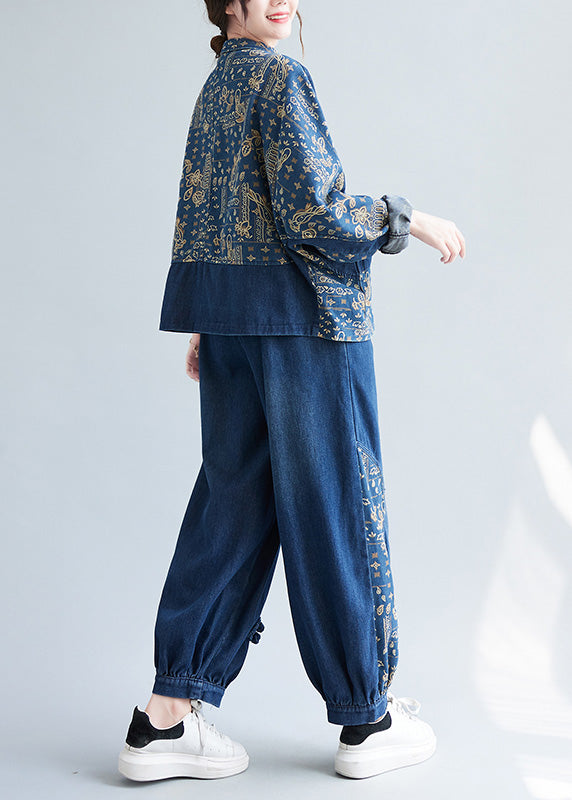 Loose Denim Blue Peter Pan Collar Print Coats and Lantern Pants Two Pieces Set Spring Ly0659