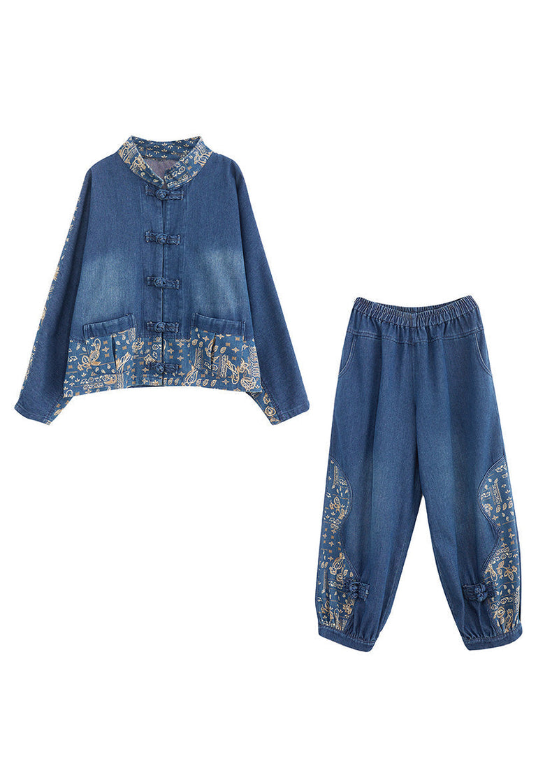 Loose Denim Blue Peter Pan Collar Print Coats and Lantern Pants Two Pieces Set Spring Ly0659
