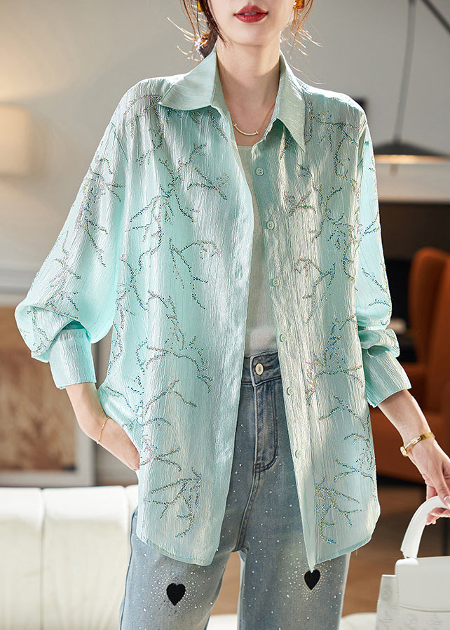 Loose Green Peter Pan Collar Zircon Blouse Long Sleeve Ab1024