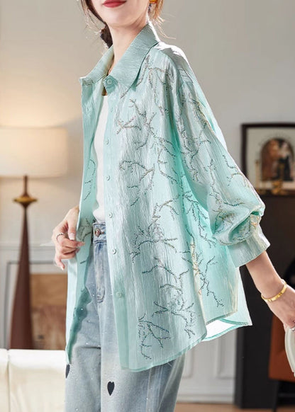 Loose Green Peter Pan Collar Zircon Blouse Long Sleeve Ab1024