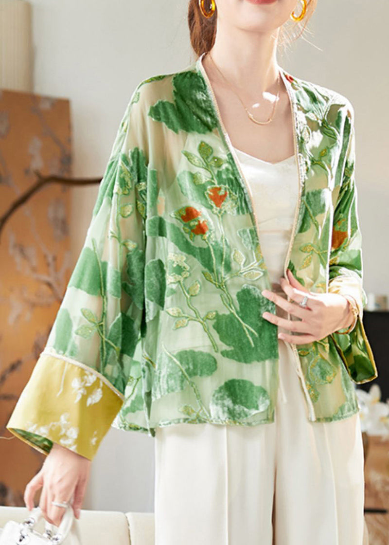 Loose Green V Neck Patchwork Silk Velvet Cardigan Long Sleeve Am1003
