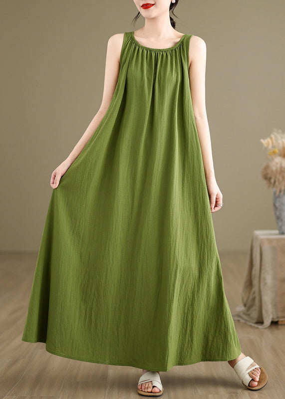 Loose Green Wrinkled Cotton Maxi Dresses Sleeveless Jh054