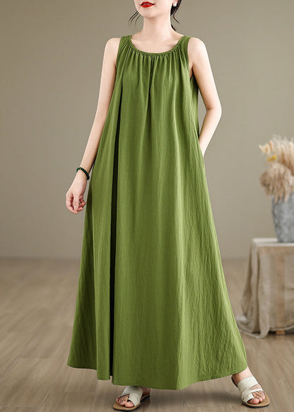 Loose Green Wrinkled Cotton Maxi Dresses Sleeveless Jh054