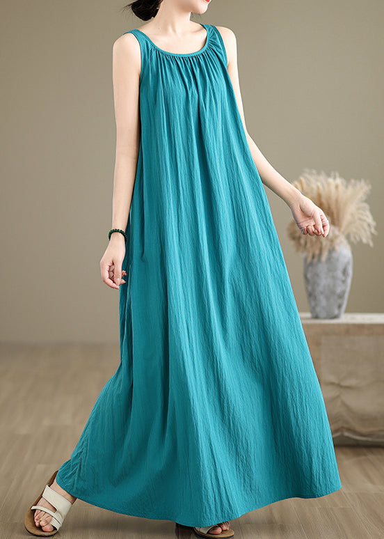 Loose Green Wrinkled Cotton Maxi Dresses Sleeveless Jh054