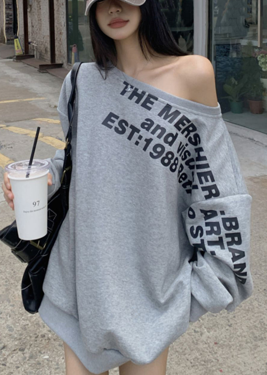 Grey Spring Print Shoulder Cotton Cold Sweatshirt Letter Loose
