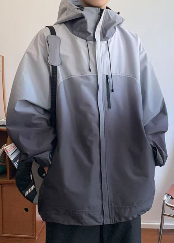 Gradient Coats Zippered Cotton Color Loose Hooded Grey