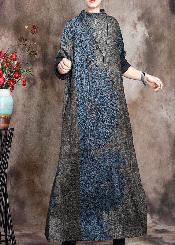 Loose Grey Half Hign Neck Print Cashmere Long Dress Fall Wn008