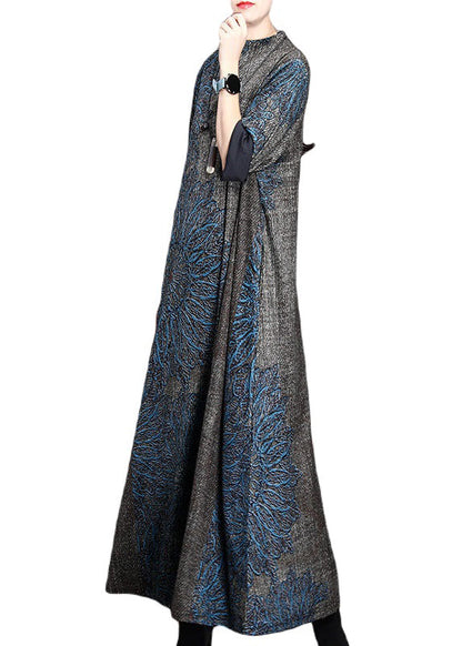 Loose Grey Half Hign Neck Print Cashmere Long Dress Fall Wn008
