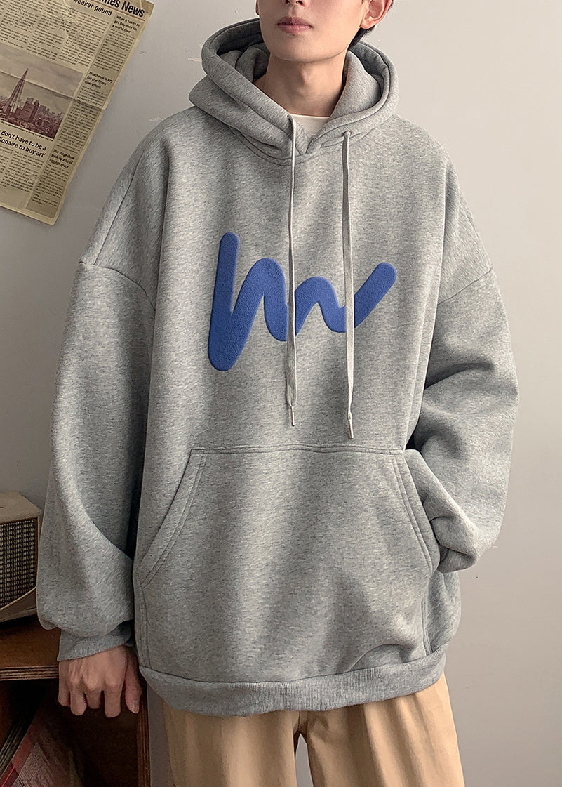 Loose Grey Hooded Pockets Cotton Sweatshirt Spring Yq028