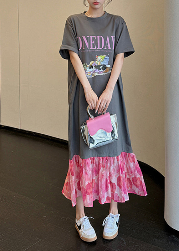 Loose Grey O-neck Print Chiffon Patchwork Long Dress Summer Uu1018
