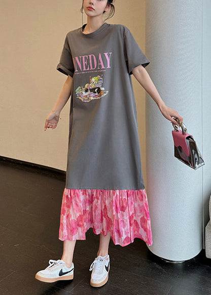Loose Grey O-neck Print Chiffon Patchwork Long Dress Summer Uu1018