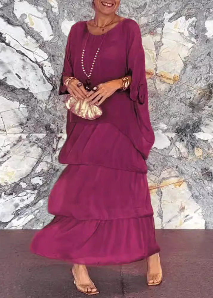 Loose Grey O Neck Chiffon Long Dress Half Sleeve Bb039