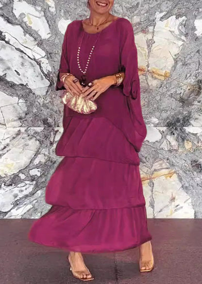 Loose Grey O Neck Chiffon Long Dress Half Sleeve Bb039