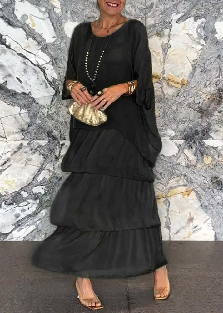 Loose Grey O Neck Chiffon Long Dress Half Sleeve Bb039