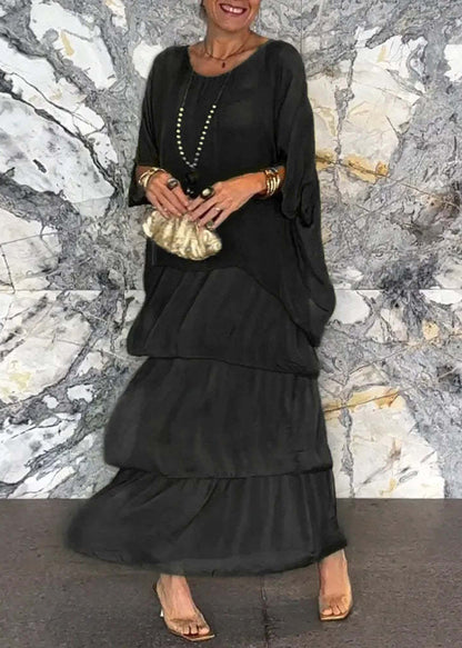 Loose Grey O Neck Chiffon Long Dress Half Sleeve Bb039