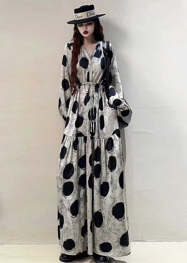 Loose Grey Print Lace Up Pockets Cotton Long Dresses Spring Kk039