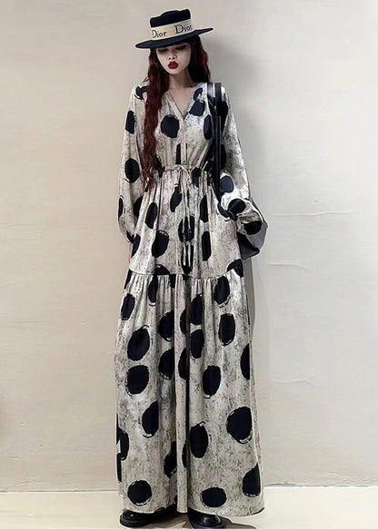 Loose Grey Print Lace Up Pockets Cotton Long Dresses Spring Kk039