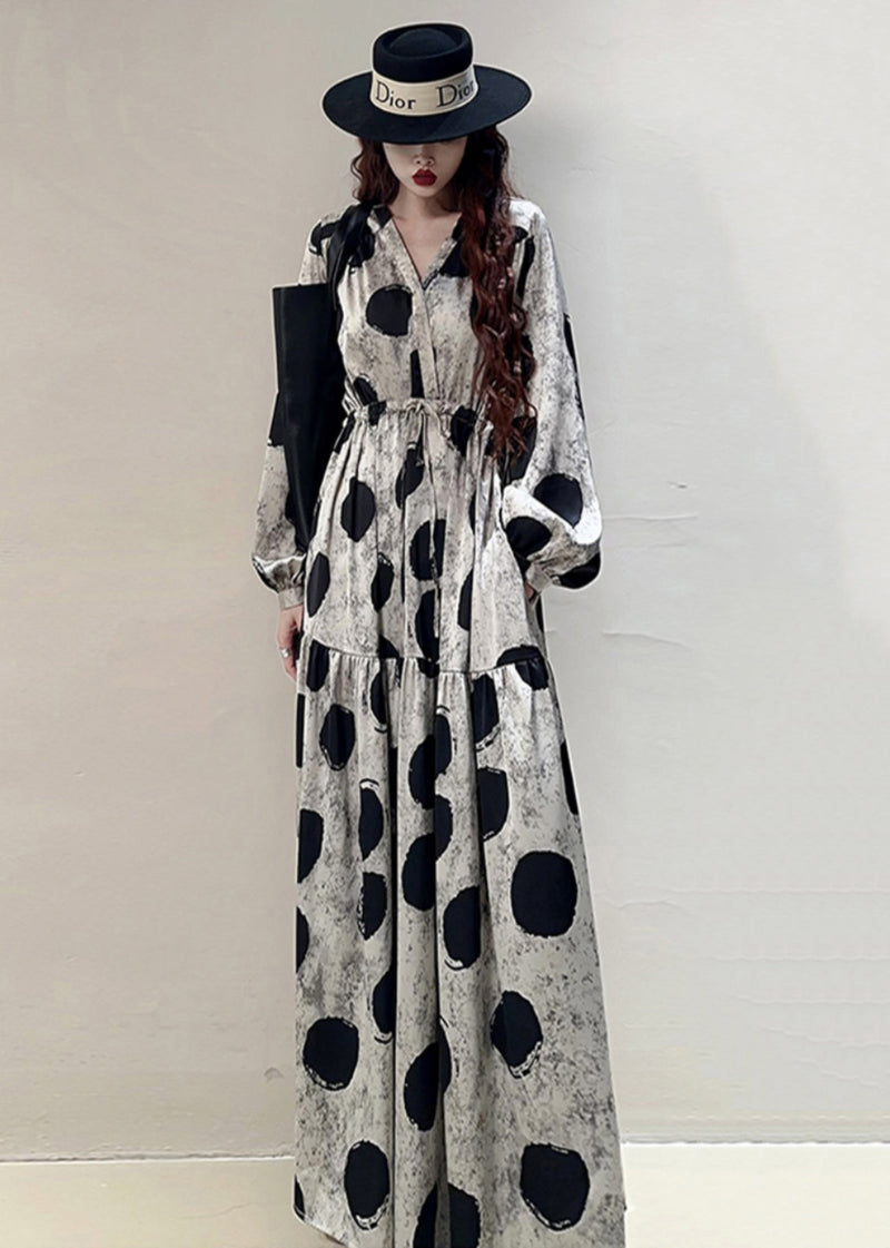 Loose Grey Print Lace Up Pockets Cotton Long Dresses Spring Kk039