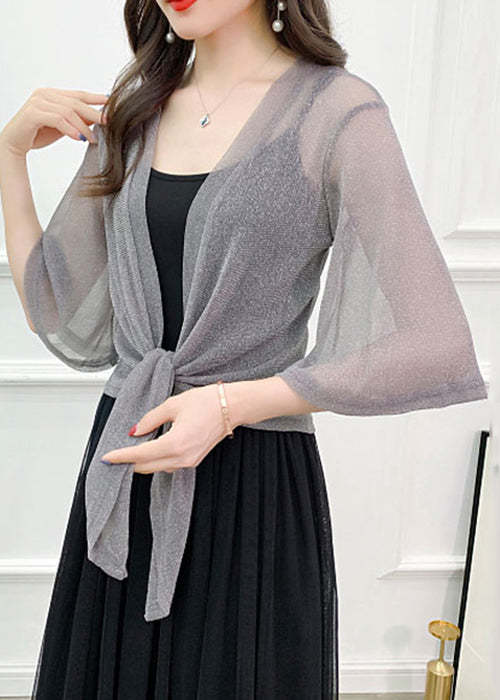 Loose Grey V Neck Lace Up Tulle Cardigans Half Sleeve As1018