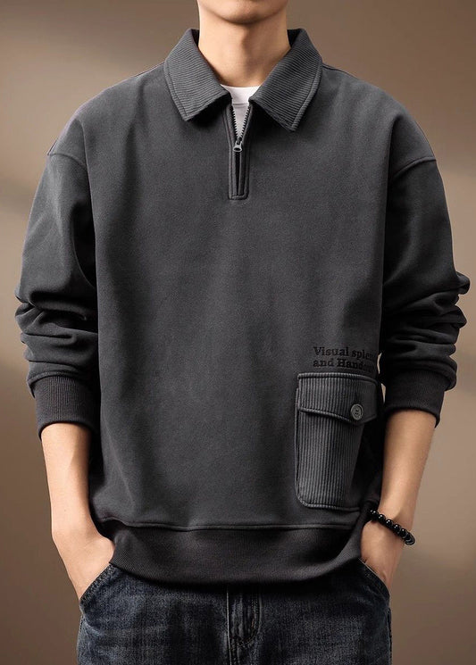 Zip Loose Cotton Sweatshirt Pockets Up Grey Spring Tc018