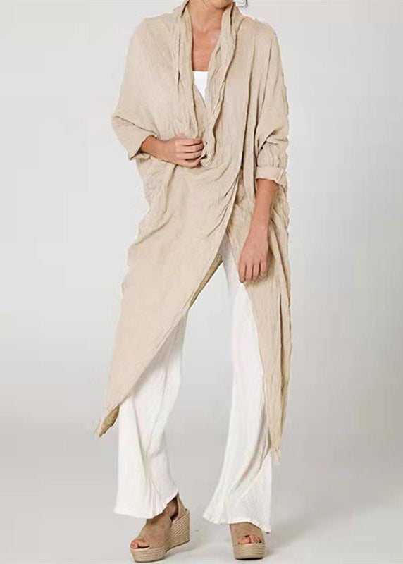 Loose Khaki Asymmetrical Wrinkled Cotton Blouses Long Sleeve Ff066
