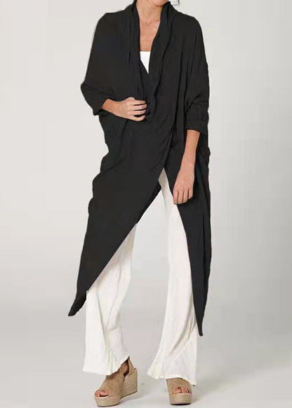 Loose Khaki Asymmetrical Wrinkled Cotton Blouses Long Sleeve Ff066