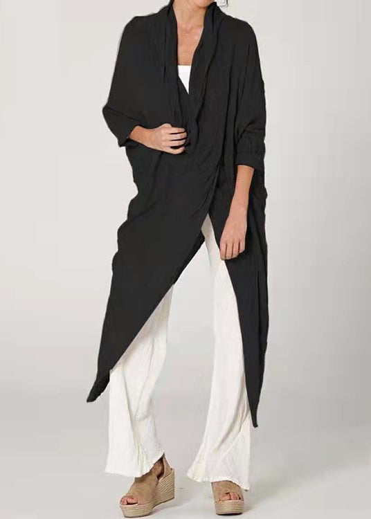 Loose Khaki Asymmetrical Wrinkled Cotton Blouses Long Sleeve Ff066