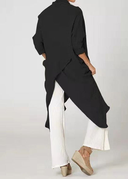 Loose Khaki Asymmetrical Wrinkled Cotton Blouses Long Sleeve Ff066