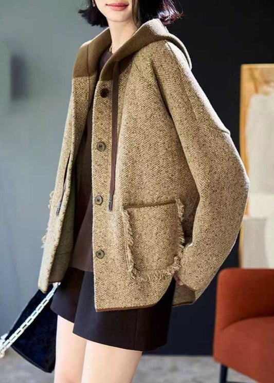 Woolen Patchwork Pockets Hooded Coats Spring Button Loose Khaki
