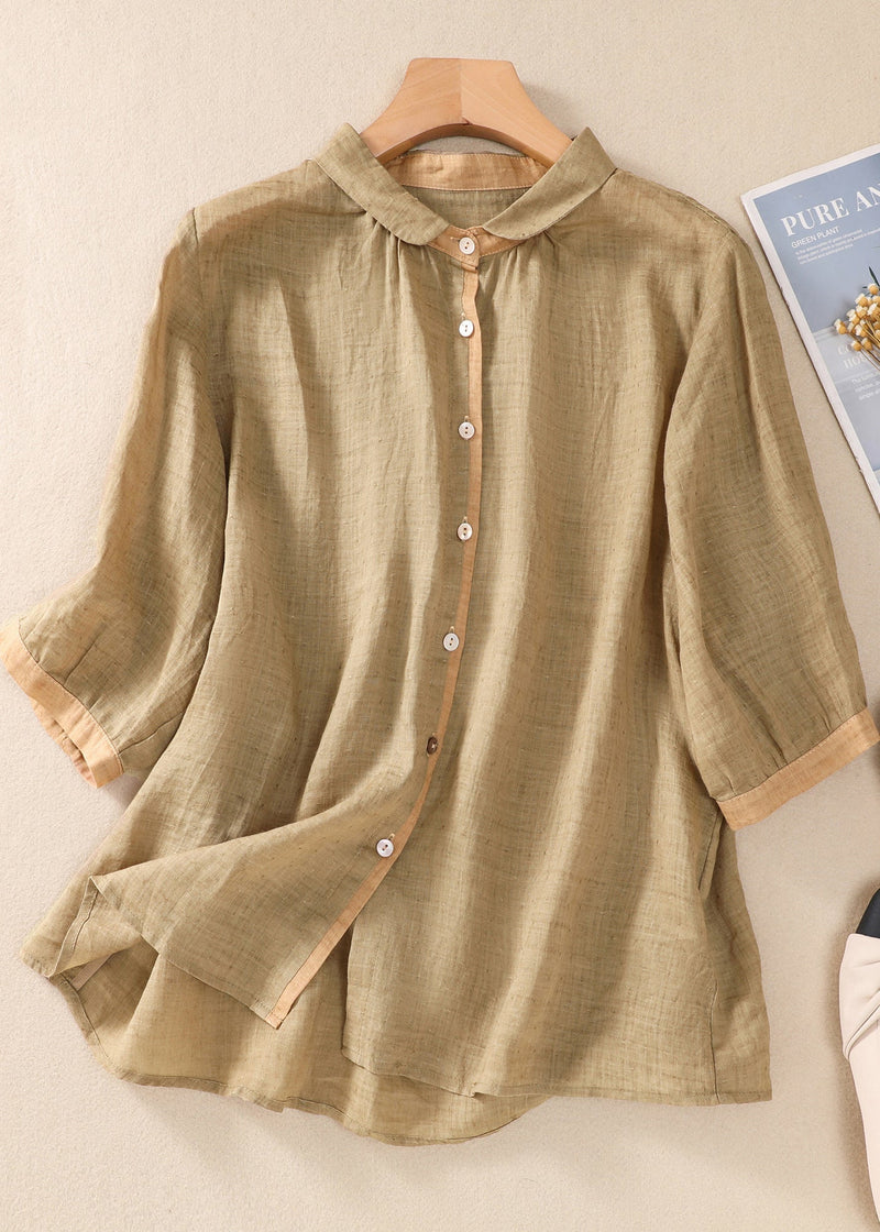 Loose Khaki Peter Pan Collar Button Linen Blouse Tops Summer Am1042