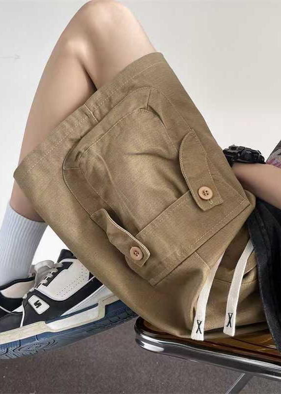 Drawstring Khaki Shorts Summer Cotton Button Pockets Loose