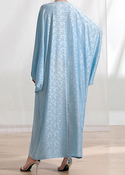 Loose Light Blue Tasseled Zircon Silk Long Dresses Batwing Sleeve Aa1056