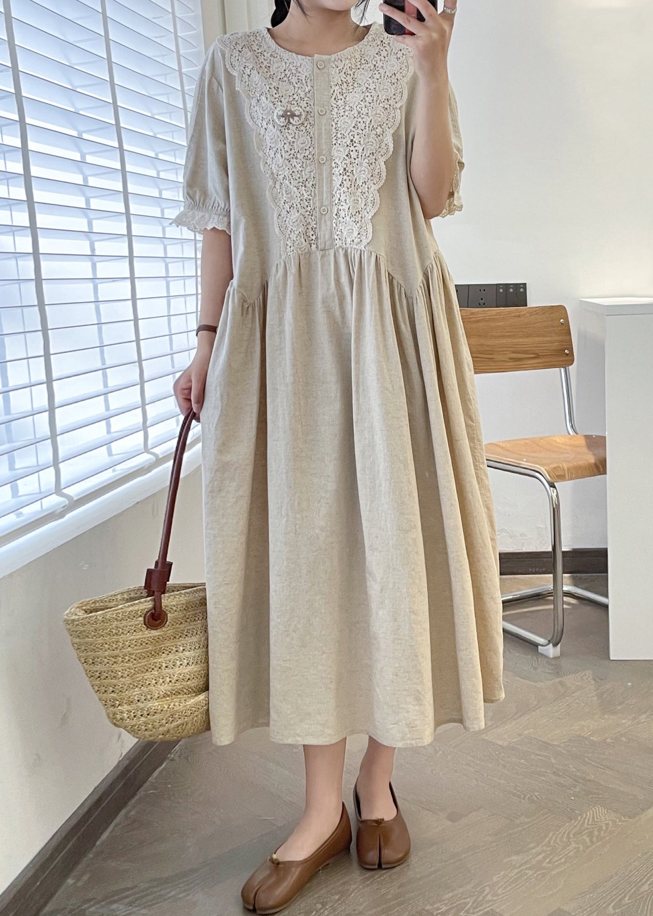 Loose Linen O Neck Lace Patchwork Linen Long Dresses Summer Gg049