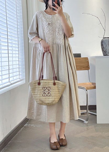 Loose Linen O Neck Lace Patchwork Linen Long Dresses Summer Gg049