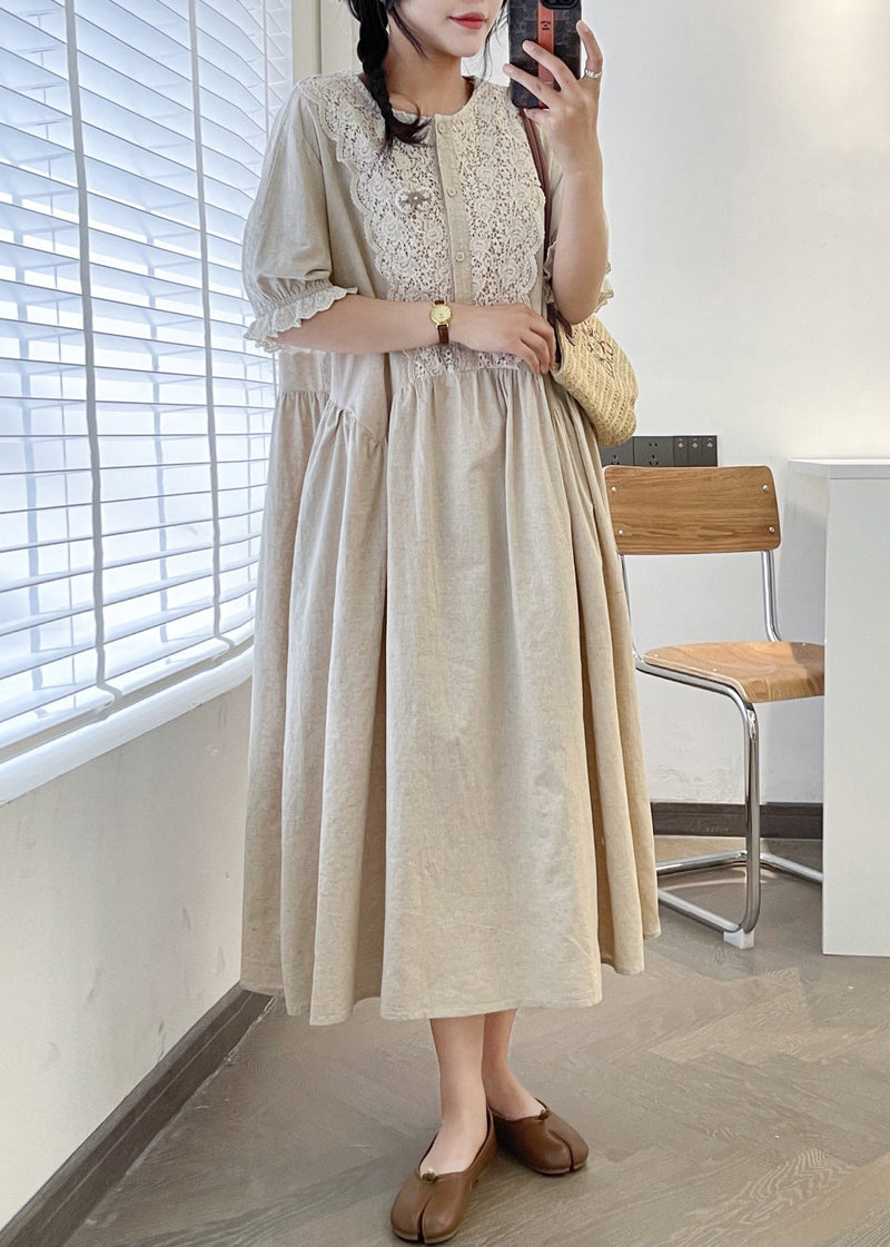 Loose Linen O Neck Lace Patchwork Linen Long Dresses Summer Gg049