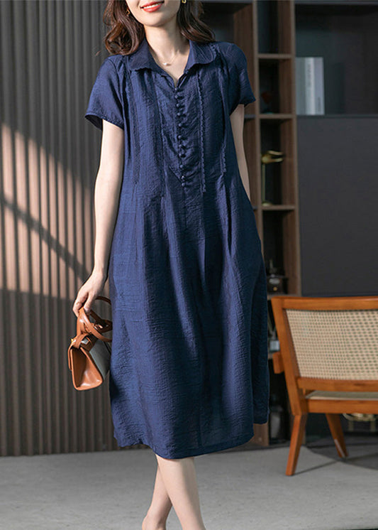 Loose Navy Peter Pan Collar Button Long Dresses Short Sleeve Ly1758
