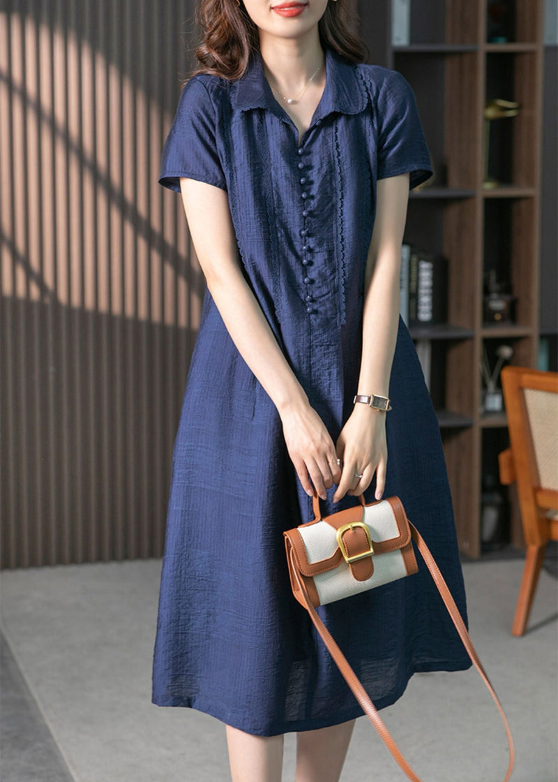 Loose Navy Peter Pan Collar Button Long Dresses Short Sleeve Ly1758