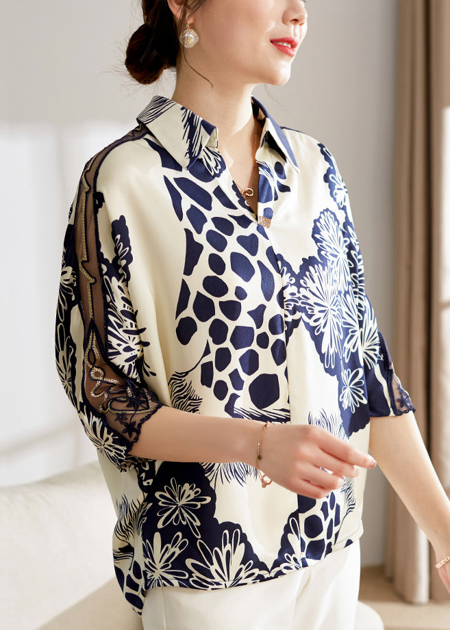 Loose Navy Peter Pan Collar Print Chiffon Blouses Bracelet Sleeve Op1047