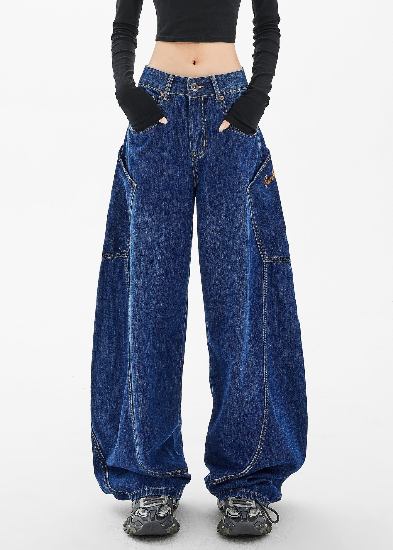 Loose Navy Pockets Wide Leg Denim Pants Spring Ta058