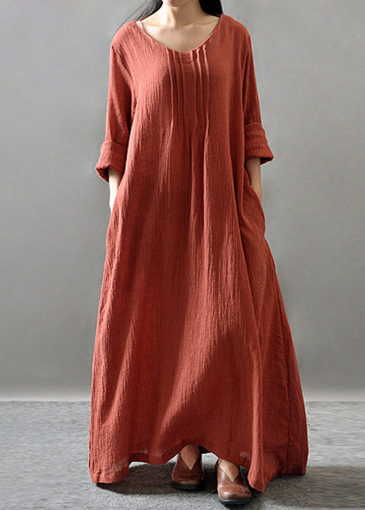Loose Orange O-neck Long Dress Spring Vv065