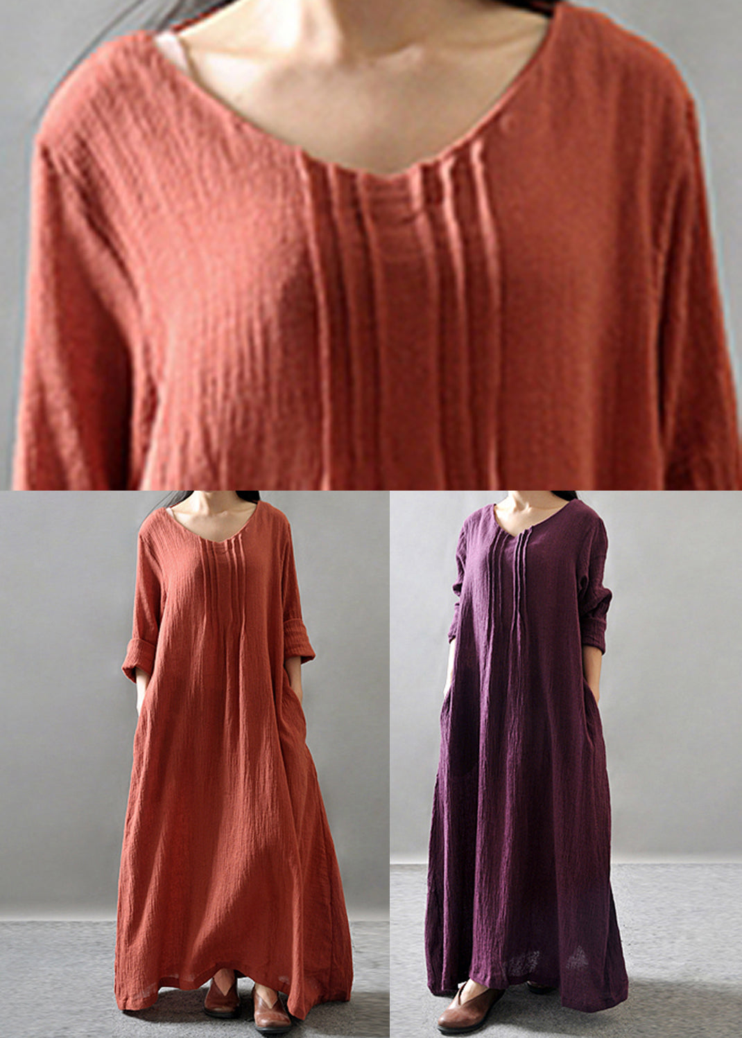Loose Orange O-neck Long Dress Spring Vv065