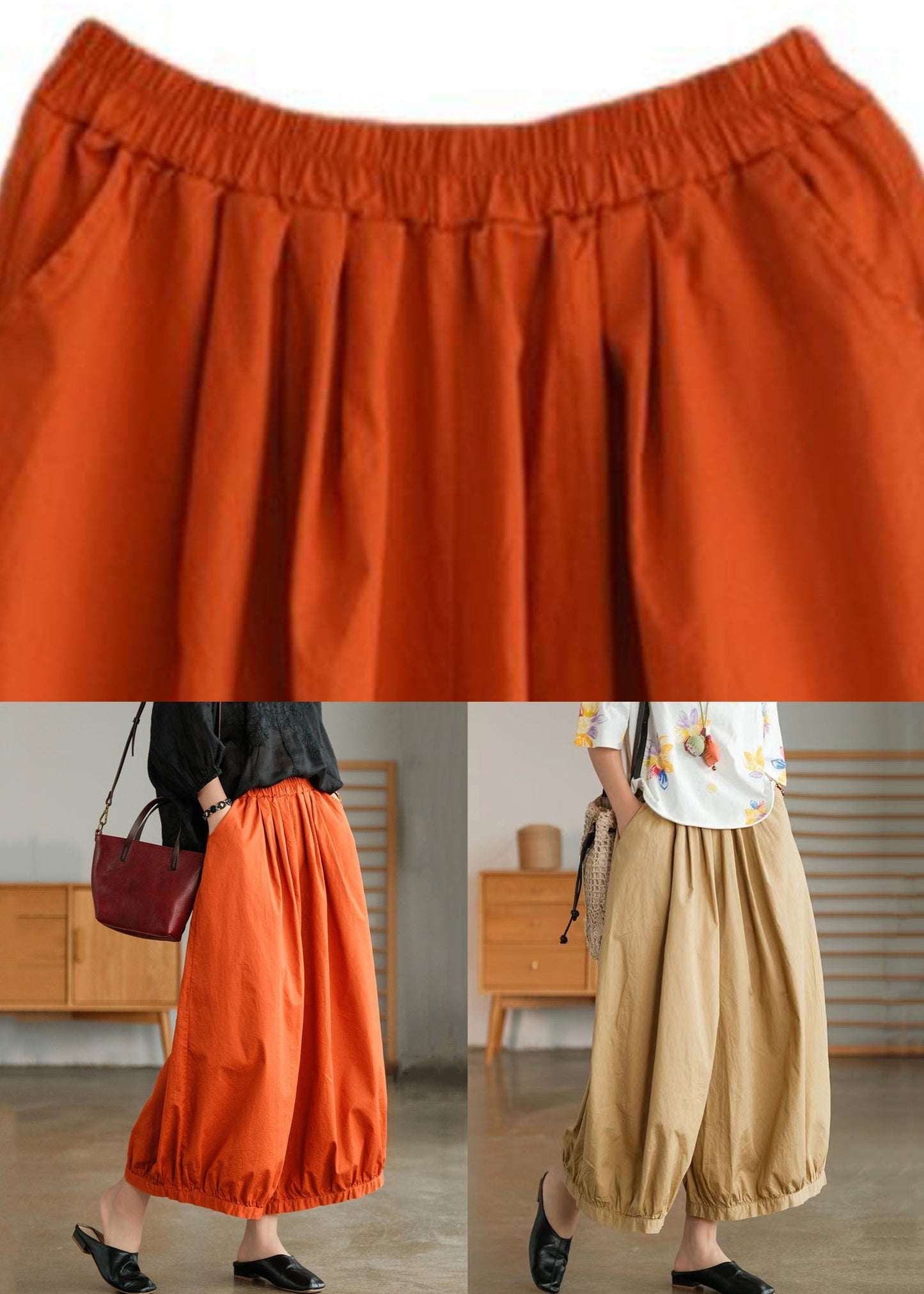Loose Orange Pockets Elastic Waist Cotton Crop Pants Summer Vv051