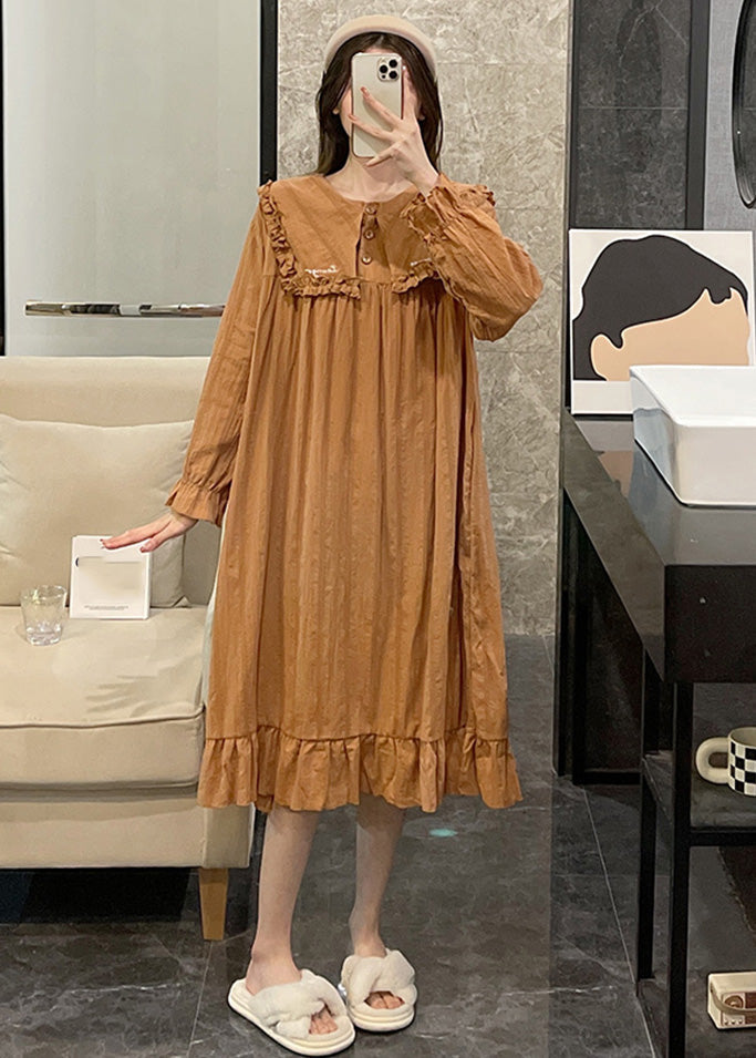Loose Orange Sailor Collar Patchwork Wrinkled Cotton Maxi Dress Long Sleeve Ly1868