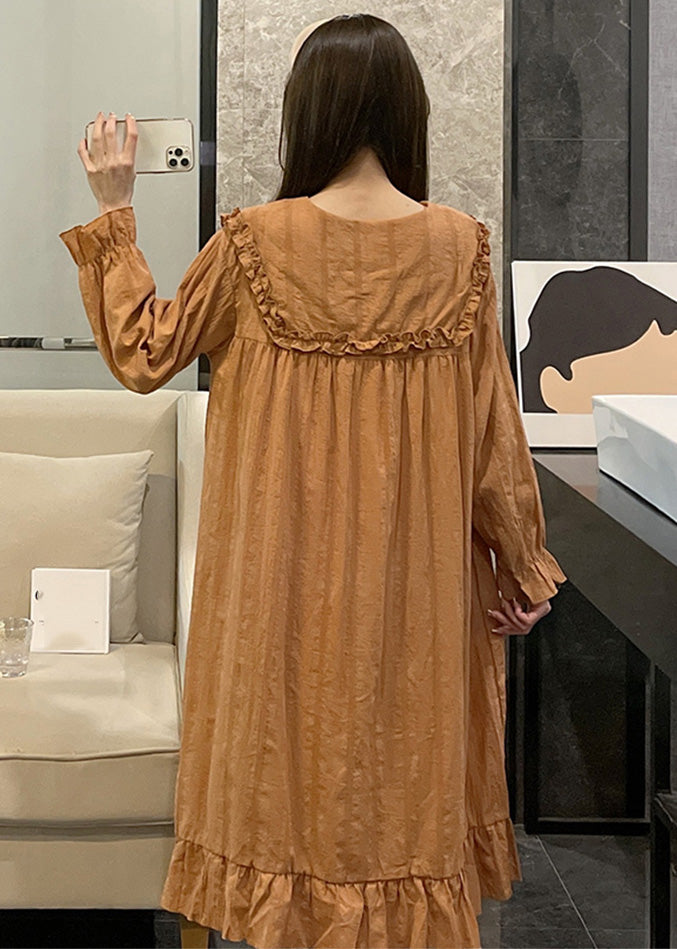 Loose Orange Sailor Collar Patchwork Wrinkled Cotton Maxi Dress Long Sleeve Ly1868