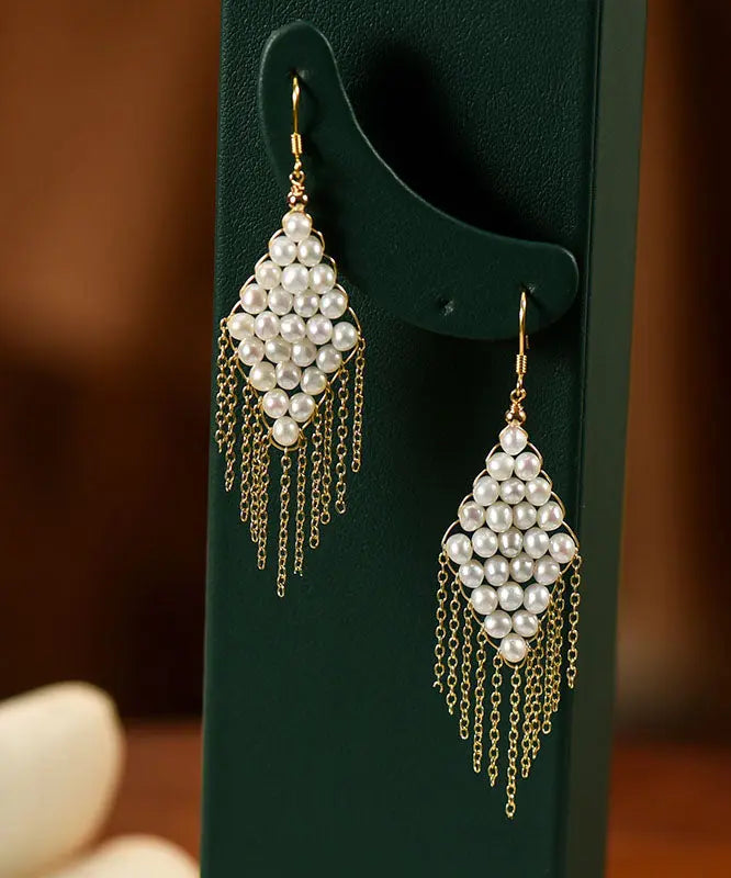 Sterling Silver Inlaid Pearl or Agate Tassel Drop Earrings