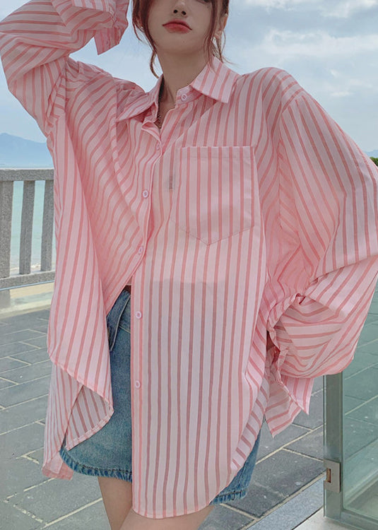 Loose Pink Button Pockets Cotton Blouses Long Sleeve Re013